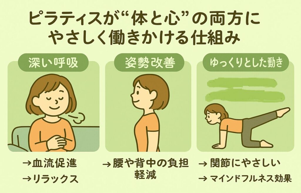 「ピラティスが“体と心”の両方にやさしく働きかける仕組み」を解説する図解イラスト。左から「深い呼吸」「姿勢改善」「ゆっくりとした動き」の3つの要素に分かれており、それぞれが血流促進・リラックス、腰や背中の負担軽減、関節にやさしい・マインドフルネス効果などの効果につながっている様子をわかりやすく表現している。背景はやさしい緑色。